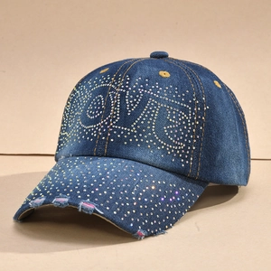 Navy blue denim baseball cap with LOVE rhinestone design and distressed brim details