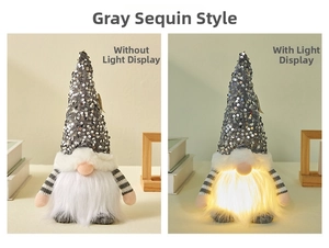Detailed comparison of grey sequin Christmas gnome ornament in light on and off states