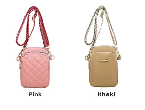 Pink quilted and khaki smooth nylon crossbody bags with colorful woven wide straps