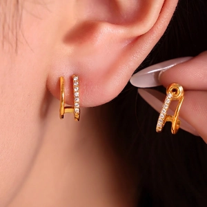 Double Layer C-Shaped Hoop Earrings Titanium Steel Rhinestone Pavé Luxury Fashion Everyday Jewelry For Women