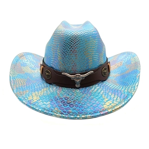 Detail of colorful snakeskin texture fedora with leather band and silver bull head buckle
