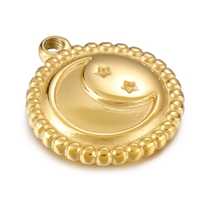 Golden stainless steel celestial pendant with crescent moon and stars on white background