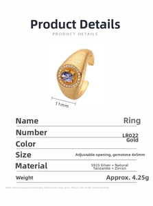 Macro detail of S925 silver tanzanite ring with dimensions and brushed gold finish