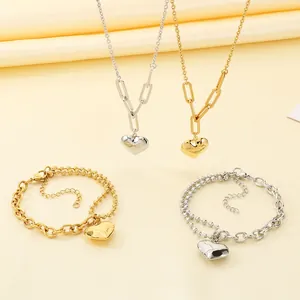 Edelstahl Herzanhänger Halskette Und Armband 18K Vergoldet Gemischte Kette Modeschmuck Für Frauen
