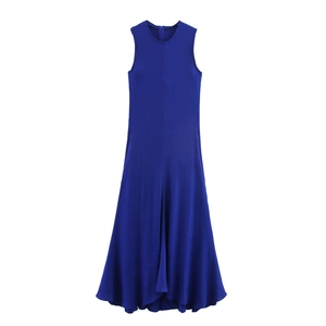 Elegant Women Linen Blend Sleeveless Round Neck High Waist A-Line Maxi Dress Blue Summer Casual Flowy Long Dress