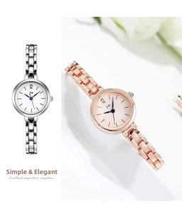 Detail view of silver and rose gold minimalist chain watches with polished metal bands
