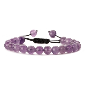 Handmade woven amethyst bead bracelet with adjustable black cord on white background