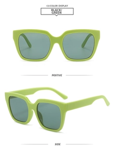 Detail view of square light green sunglasses with dark green lenses in two angles