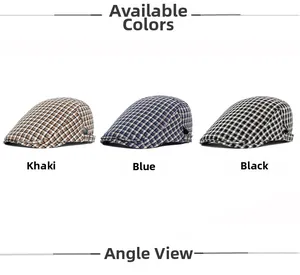 Detailed grid view of British style checkered flat caps in khaki, blue and black colors