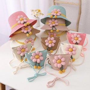 Kids flower straw sun hat and matching woven bag set in various vibrant pastel colors