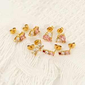 Golden titanium steel stud earrings set with zircon and pink crystals for women