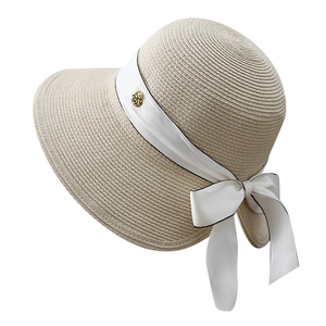 Detail of beige straw sun hat showing white satin ribbon and gold flower button