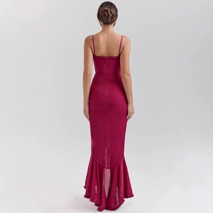 Elegant wine red bodycon maxi dress with back ruching and fishtail mesh hem