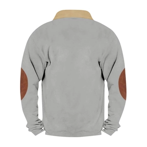 Rear view of vintage grey sweatshirt with khaki collar and brown elbow patches