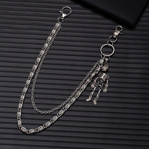 Punk style double-layered silver metal pants chain with skeleton pendant and lobster clasp