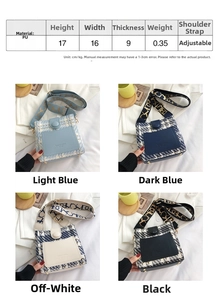 Size chart for plaid PU leather bucket bag with dimensions and four color options