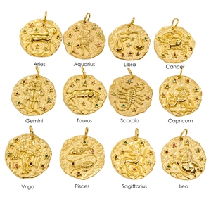 Detailed 3x4 grid layout of twelve zodiac coin pendants with 14K gold finish and colorful stones