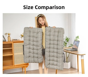Size comparison of dark grey checkered seat cushions with quilted texture and ties