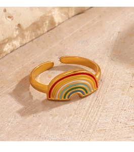 Macro view of rainbow enamel open ring in gold finish with vibrant colorful details