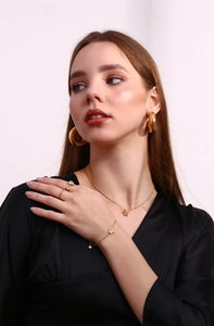 Detailed set of 18K gold plated stainless steel floral pendant necklace and hoop earrings