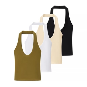 Haut en Tricot Dos Nu à Col Dos Nu pour Femmes Été Coupe Ajustée Couleur Unie Mélange de Polyester Gilet Sexy Vêtements de Fête