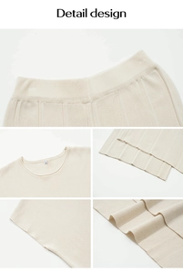 Detaildesign des beigen Strickpullovers und Faltenrocks mit Größenetikett S im Set