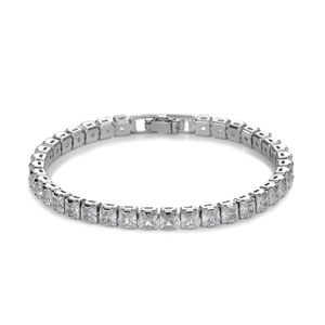 Macro shot of a classic silver tennis bracelet featuring square-cut AAA cubic zirconia stones
