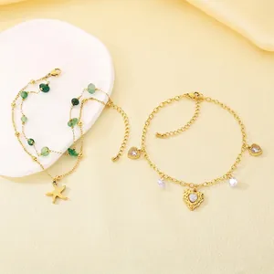 Stainless Steel Anklets For Women Heart Starfish Charms Green Stone Beads Layered Beach Boho Foot Jewelry Adjustable