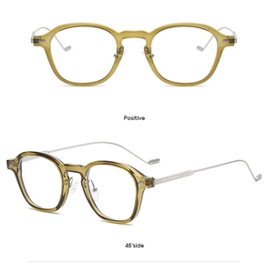 Front and 45-degree angle view of amber transparent frames with silver metal temples