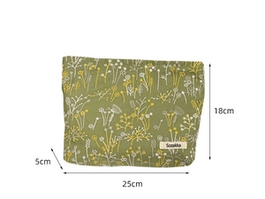 Detailed view of green floral embroidered pouch with 25cm x 18cm dimensions