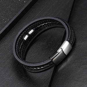 Men's multilayer braided leather bracelet with a polished stainless steel clasp
