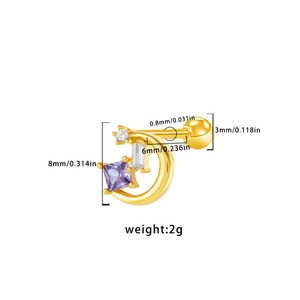 Detailed view of golden moon stud earring with purple gemstone and size measurements