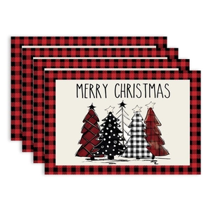 Set of four Christmas tree placemats featuring red buffalo plaid borders and festive patterns