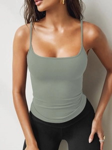 Detail of grey-green slim fit tank top with spaghetti straps and a square neckline