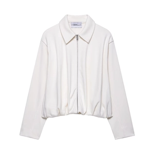 White zip-up stand collar bomber jacket for women with pleated hem and knitted texture