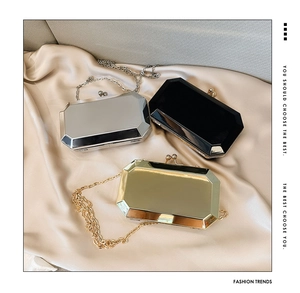 Octagonal acrylic evening clutch bag in gold, silver, and black with detachable chain straps