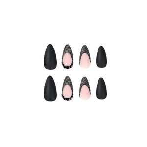 Matte black and French tip almond press-on nails with rhinestones and glitter finish