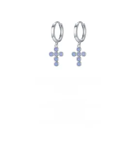 Close-up of S925 silver cross earrings inlaid with six round pale purple opals