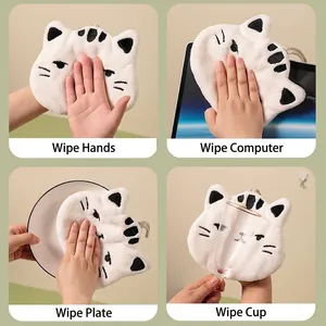 Hanging cat-shaped coral fleece hand towel showing cleaning uses for kitchen and home