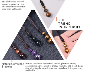 Macro shot of adjustable braided tiger eye and amethyst stone pendant necklaces