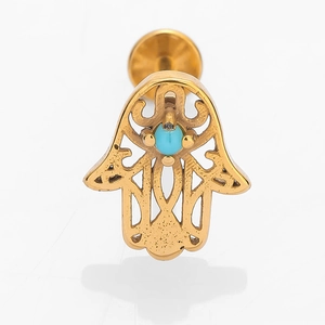 Gold Hamsa labret stud with turquoise bead and stainless steel flat back piercing