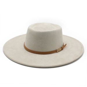 Minimalist beige suede fedora with brown leather band and gold chevron buckles