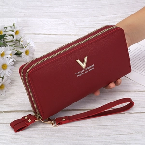 Women Long Wallet Double Zipper PU Leather Litchi Pattern Large Capacity Phone Clutch With Wrist Strap Card Holder