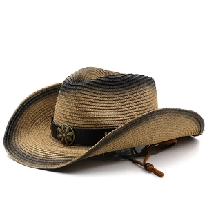 Gradient straw cowboy hat with a brown leather band and decorative bronze floral buckle