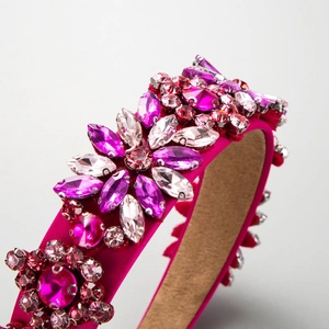 Baroque style pink satin headband with vibrant floral crystals and marquise rhinestones