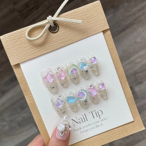 Handmade Press On Nails Glitter Transparent Coffin 3D Butterfly Moon Star Rhinestone Sweet Dreamy