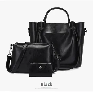 Detailed 3-piece black handbag set featuring large tote, crossbody bag, and clutch wallet