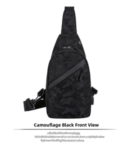 Vorderansicht der schwarzen Camouflage-Brusttasche mit Reißverschlussfächern und Textur