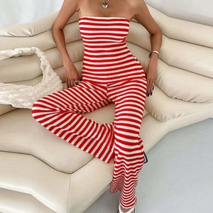 Haut Tube En Maille Rayé Pour Femmes Et Pantalon Large À Taille Haute Tenue Été Plage Streetwear