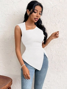 Elegant white asymmetric neck sleeveless top with slim fit irregular hem for women